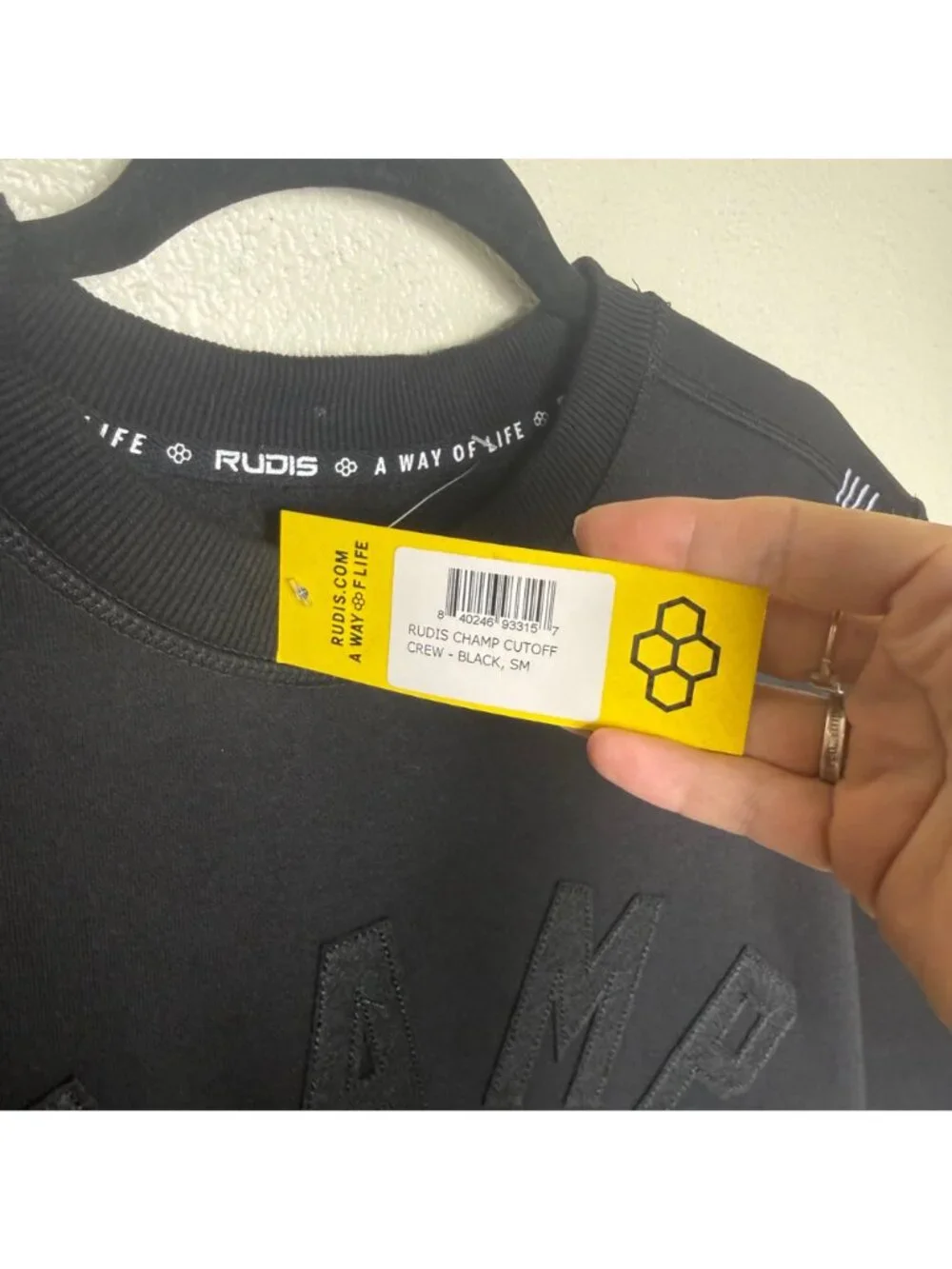 NWT Rudis 'Champ' Cutoff Crew Neck Short Sleeve Sweatshirt In Black Sz SM
